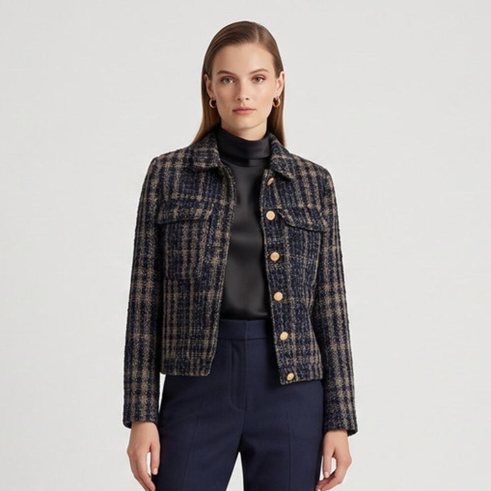 Nine West NWOT Metallic Plaid Tweed Jacket Crop Blazer Womens Size XS